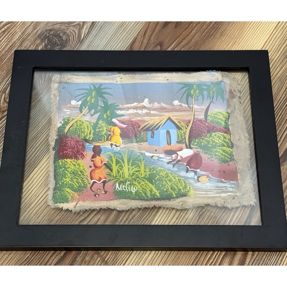 Folkart OIL Painting on Canvas Signed Framed Grand Turk Market 2009 12.5x16"